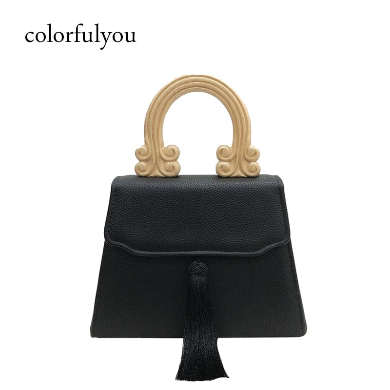 Vintage Tassel Wooden-Handle Bag